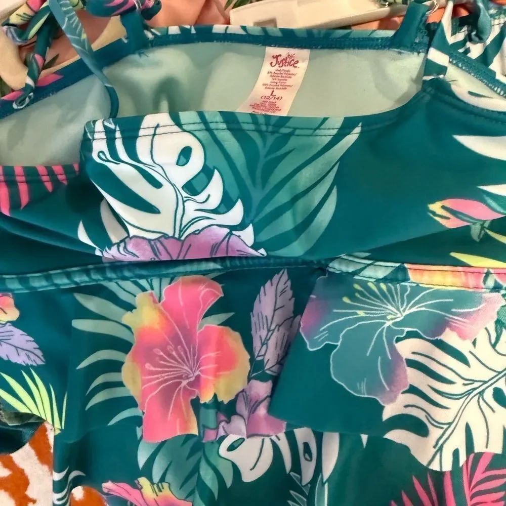 Girls Justice 3 piece set swim suit teal and floral and shorts size Large